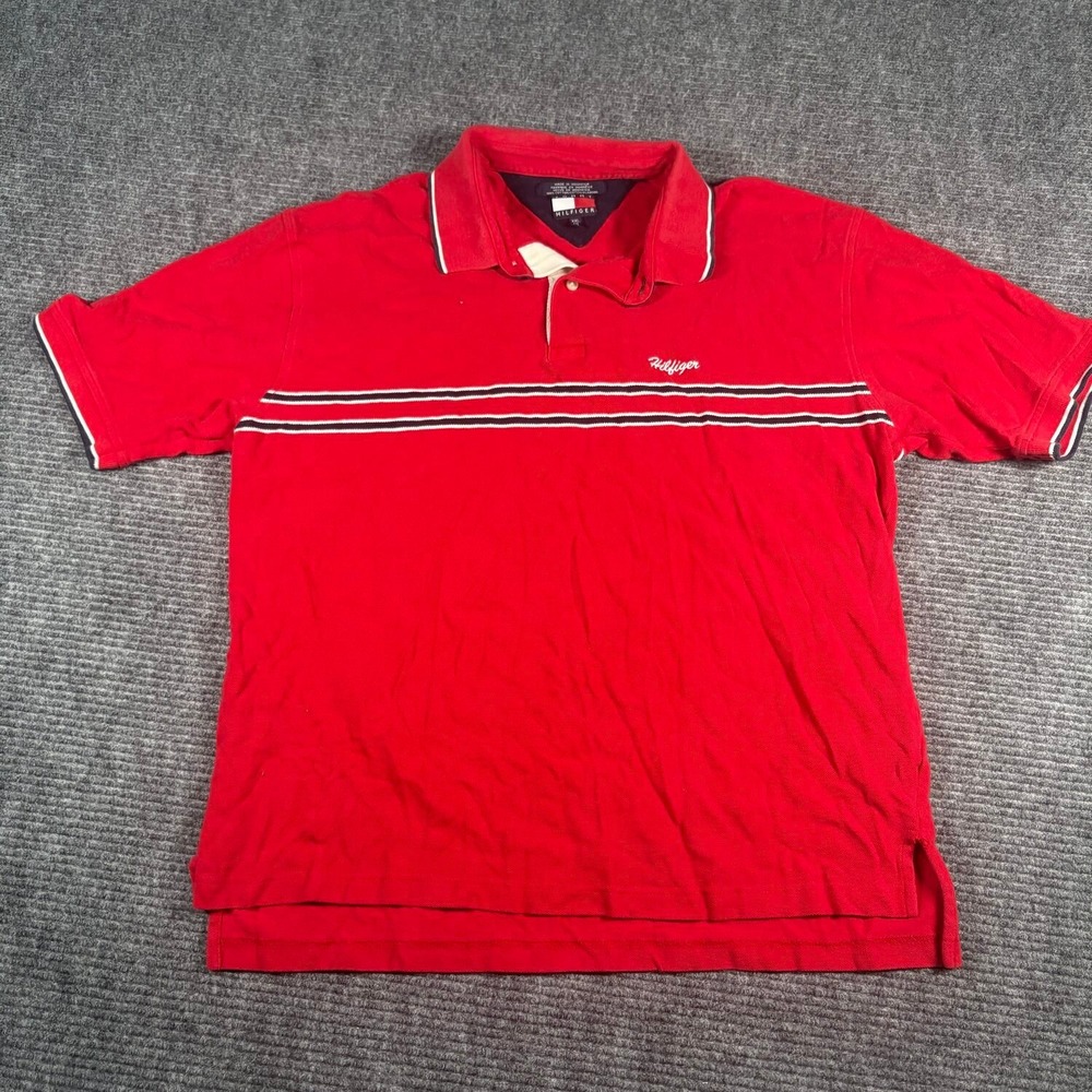 Vtg Tommy Hilfiger Polo Shirt Mens XXL Red Excellent Striped Chest Logo